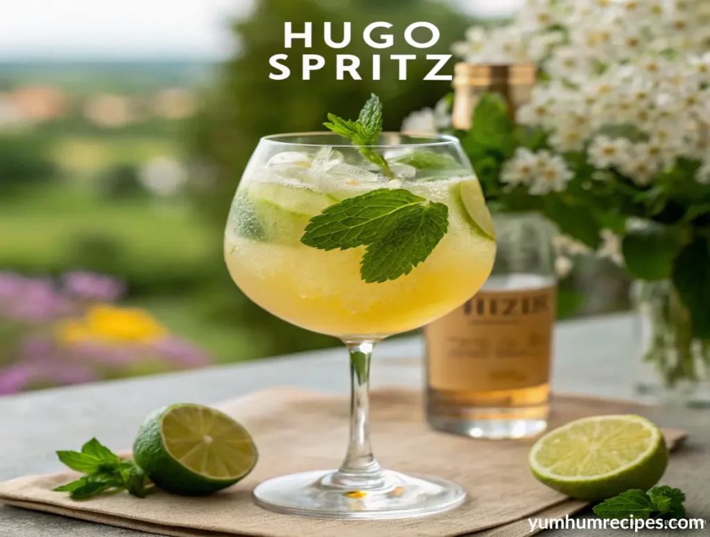 A refreshing Hugo Spritz made with Prosecco, elderflower syrup, mint, and lime, showcasing the perfect Hugo Spritz recipe in a summer outdoor setting.