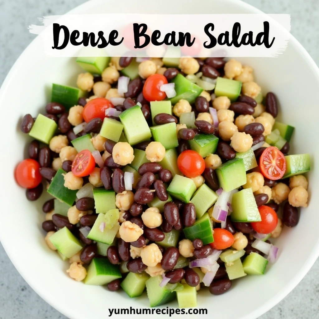 A colorful and nutritious dense bean salad featuring a variety of beans, fresh vegetables, and a zesty dressing.