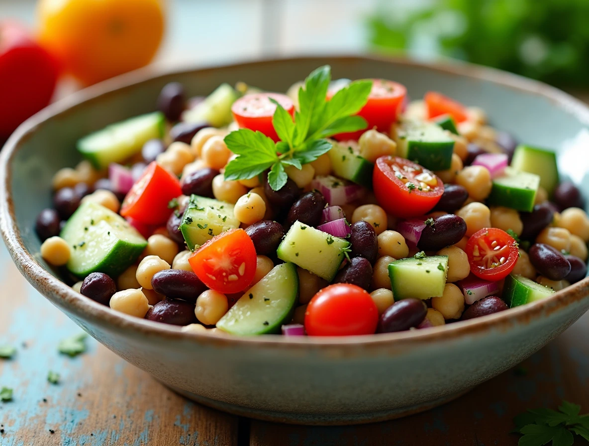 Classic Mediterranean Dense Bean Salad with chickpeas, black beans, diced cucumbers, cherry tomatoes, red onion, and parsley, drizzled with olive oil and lemon juice.