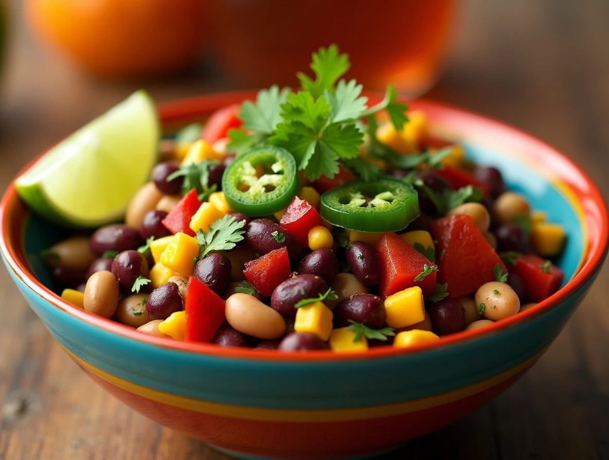 Spicy Southwest Dense Bean Salad with kidney beans, black beans, corn, diced bell peppers, jalapeños, and cilantro, garnished with a lime wedge.