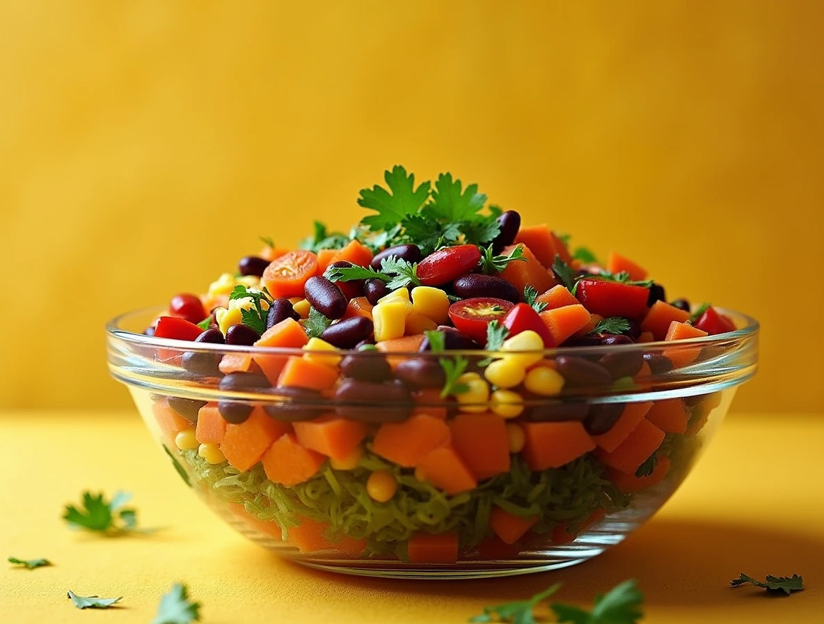 Colorful Rainbow Dense Bean Salad with pinto beans, black beans, kidney beans, diced bell peppers, shredded carrots, corn, and cherry tomatoes, garnished with fresh cilantro.