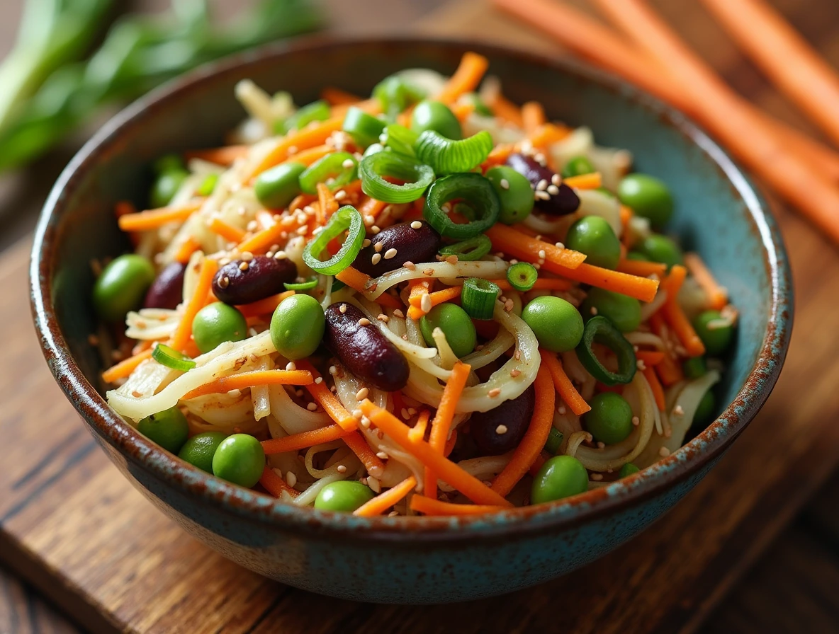 Asian-Inspired Dense Bean Salad with edamame, black beans, shredded cabbage, shredded carrots, and green onions, garnished with sesame seeds and soy sauce.