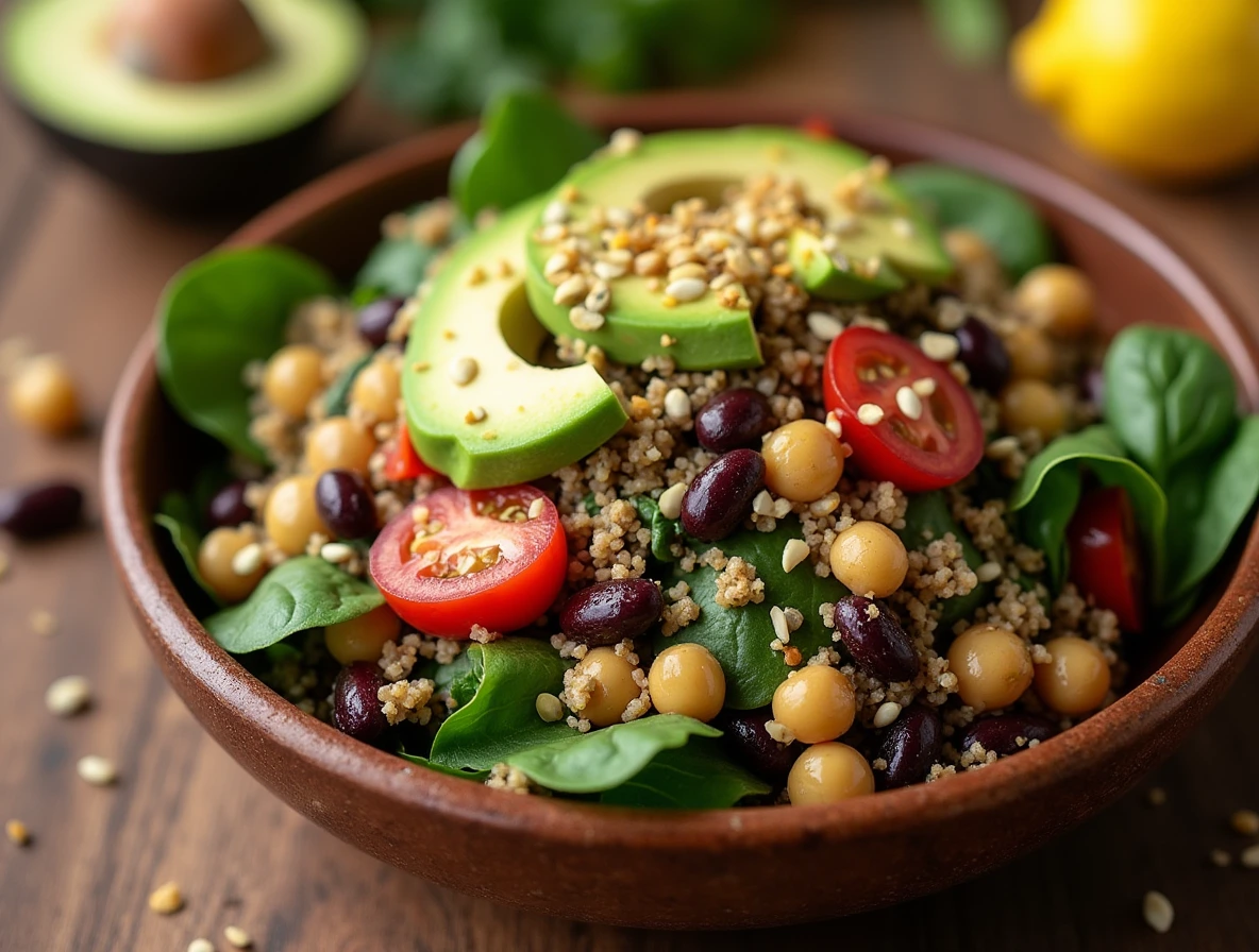 Hearty Quinoa and Dense Bean Salad with quinoa, black beans, kidney beans, chickpeas, diced tomatoes, avocado, and spinach, drizzled with lemon-tahini dressing.