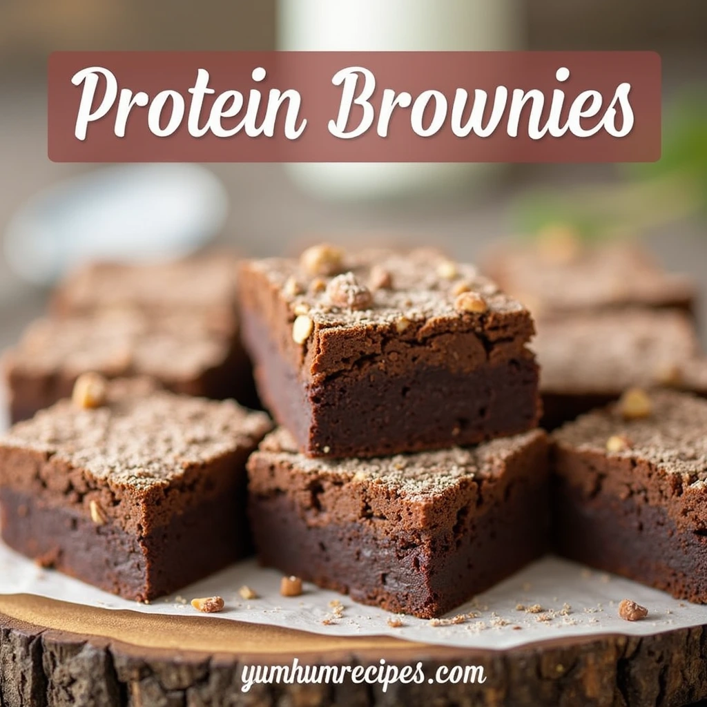 Delicious protein brownies topped with chocolate chips and nuts, placed on a wooden table in a cozy kitchen.