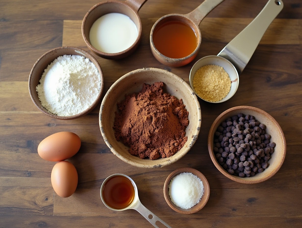 Common ingredients for protein brownies including protein powder, almond flour, cocoa powder, sweeteners, eggs, and optional add-ins like nuts and chocolate chips arranged on a wooden countertop.