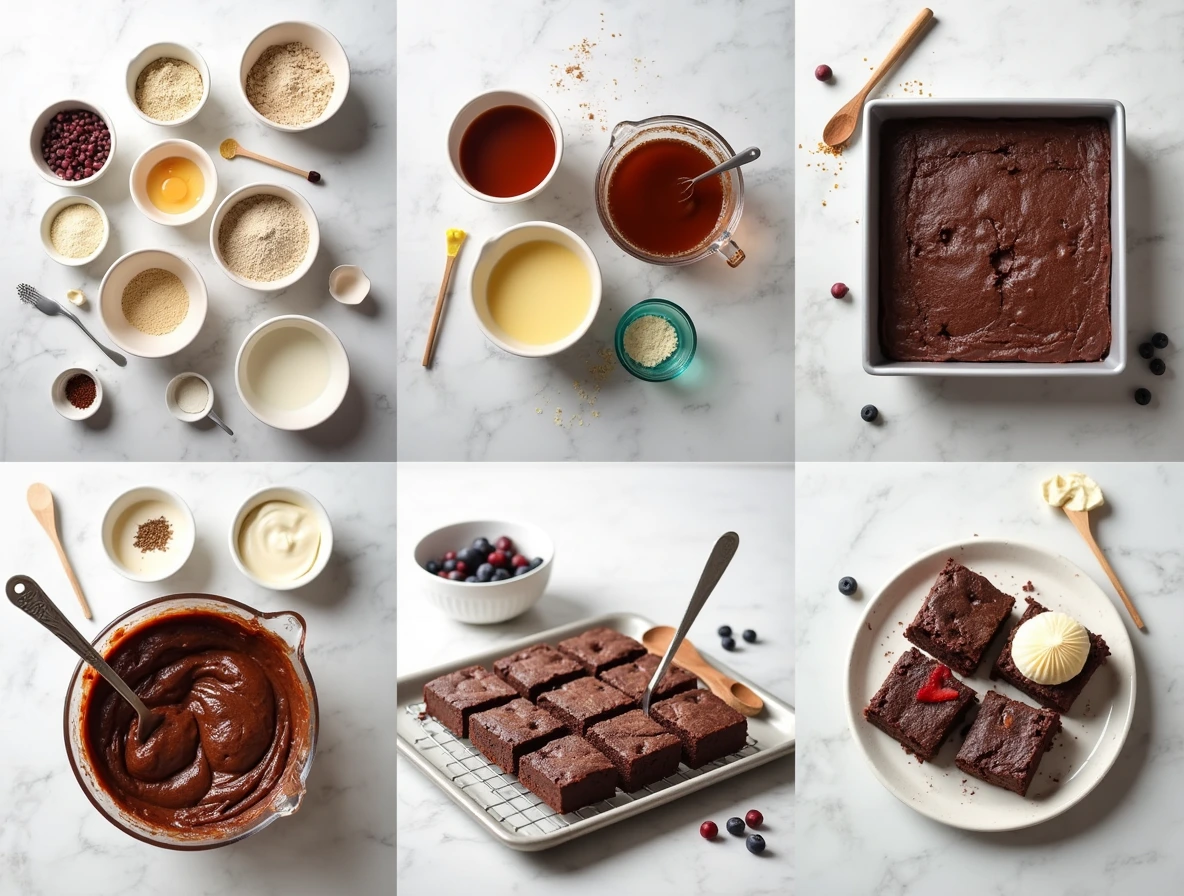 Step-by-step recipe for protein brownies, including preparation tools, mixing instructions, baking details, and serving suggestions.