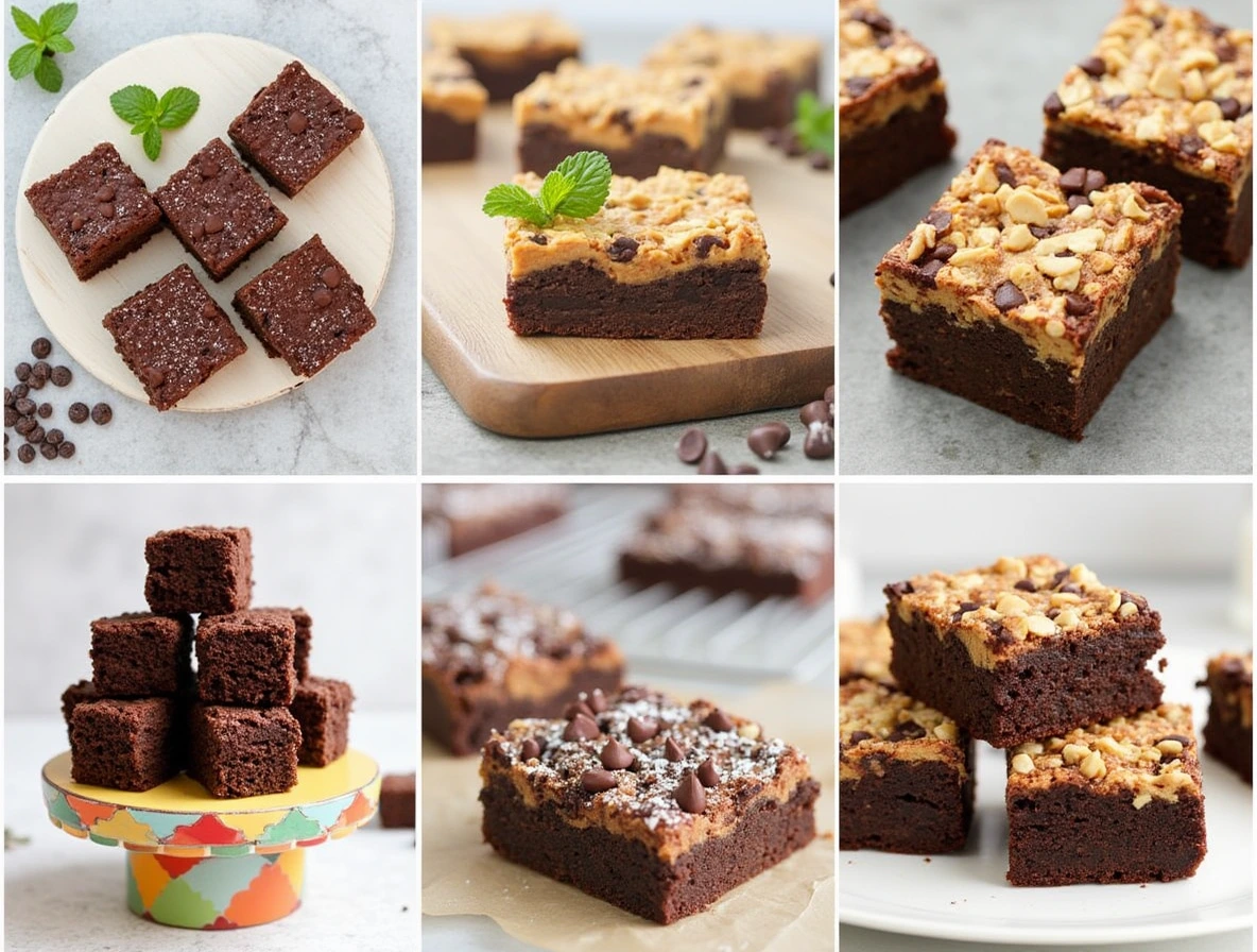 An assortment of protein brownies displayed on a wooden platter, featuring classic chocolate, peanut butter swirl, and nut-topped variations.