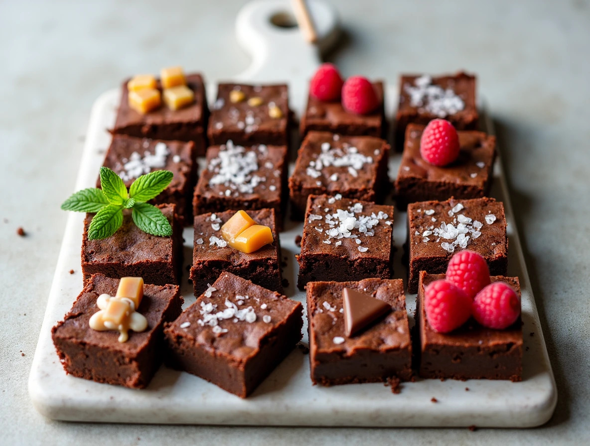 An assortment of flavor variations of protein brownies displayed on a stylish platter, featuring chocolate mint, salted caramel, raspberry chocolate, and mocha espresso flavors.