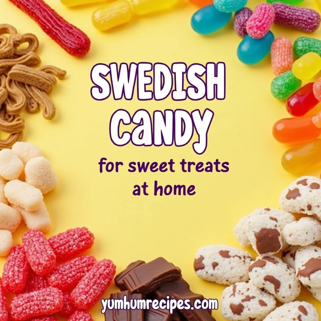 An assortment of colorful swedish candy, including licorice, gummies, and chocolates, arranged on a wooden table with a warm background.