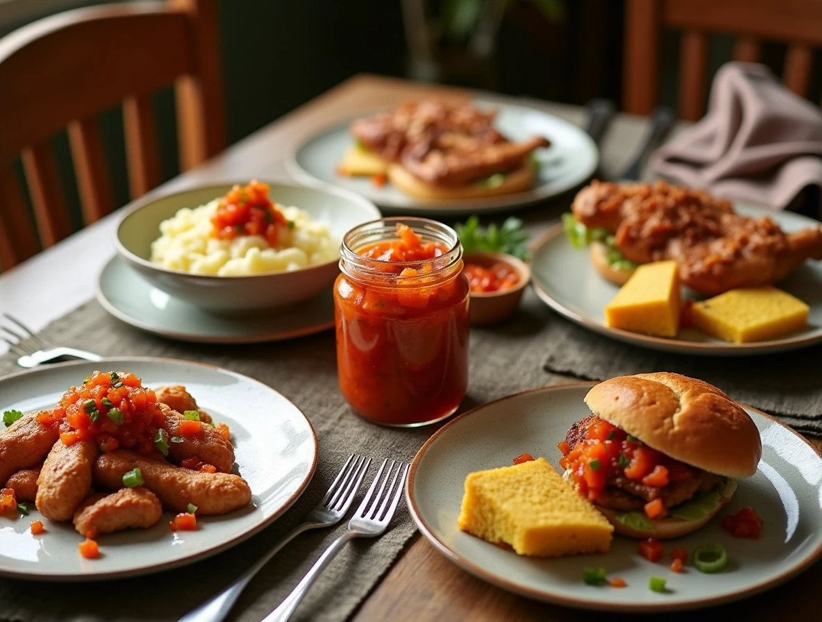 Everyday meals paired with chow chow recipe, including a burger, grilled chicken, mashed potatoes, and cornbread, with a jar of chow chow relish in the center.