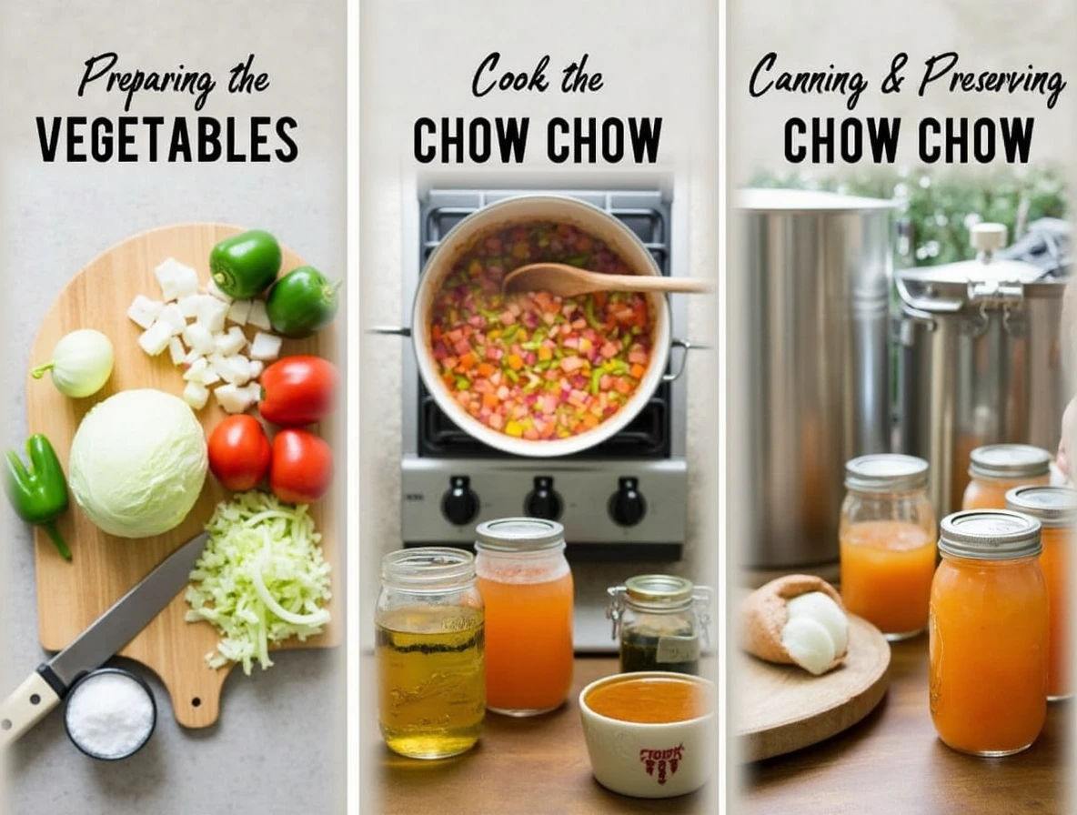 Step-by-step guide to making a chow chow recipe, showing three stages: preparing vegetables, cooking the mixture, and canning the relish.