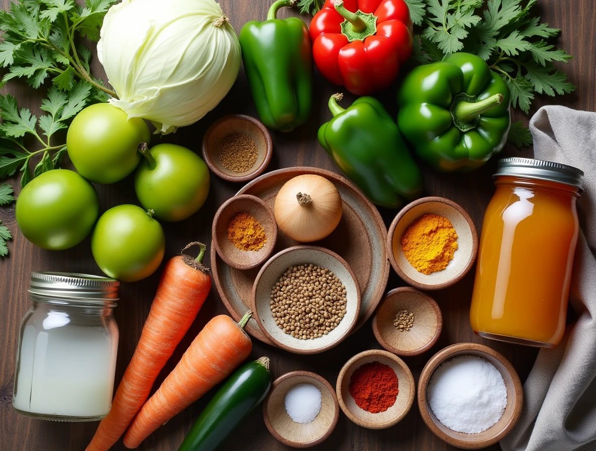 Ingredients for a traditional chow chow recipe, including fresh vegetables, spices, vinegar, sugar, and salt, arranged on a rustic wooden surface.