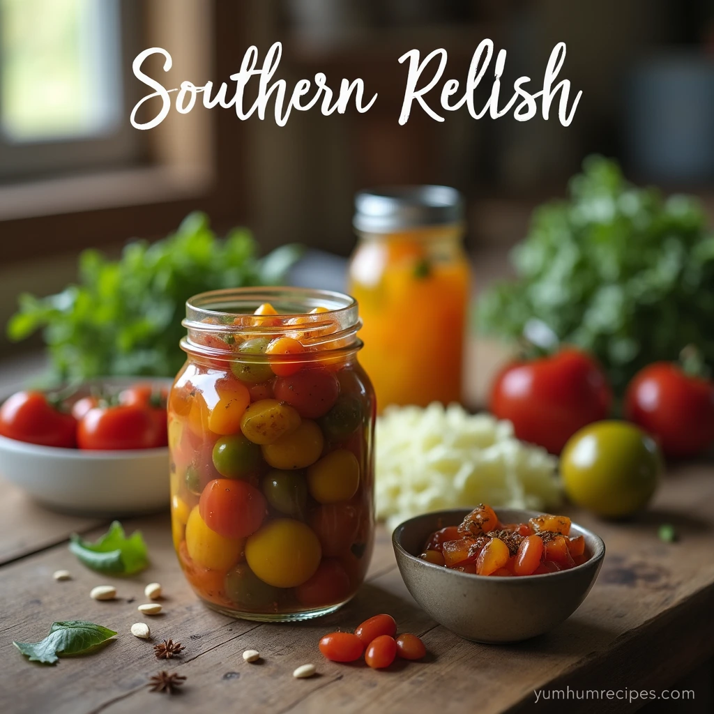 Chow chow recipe featuring a jar of homemade Southern relish with fresh vegetables like cabbage, green tomatoes, and bell peppers.