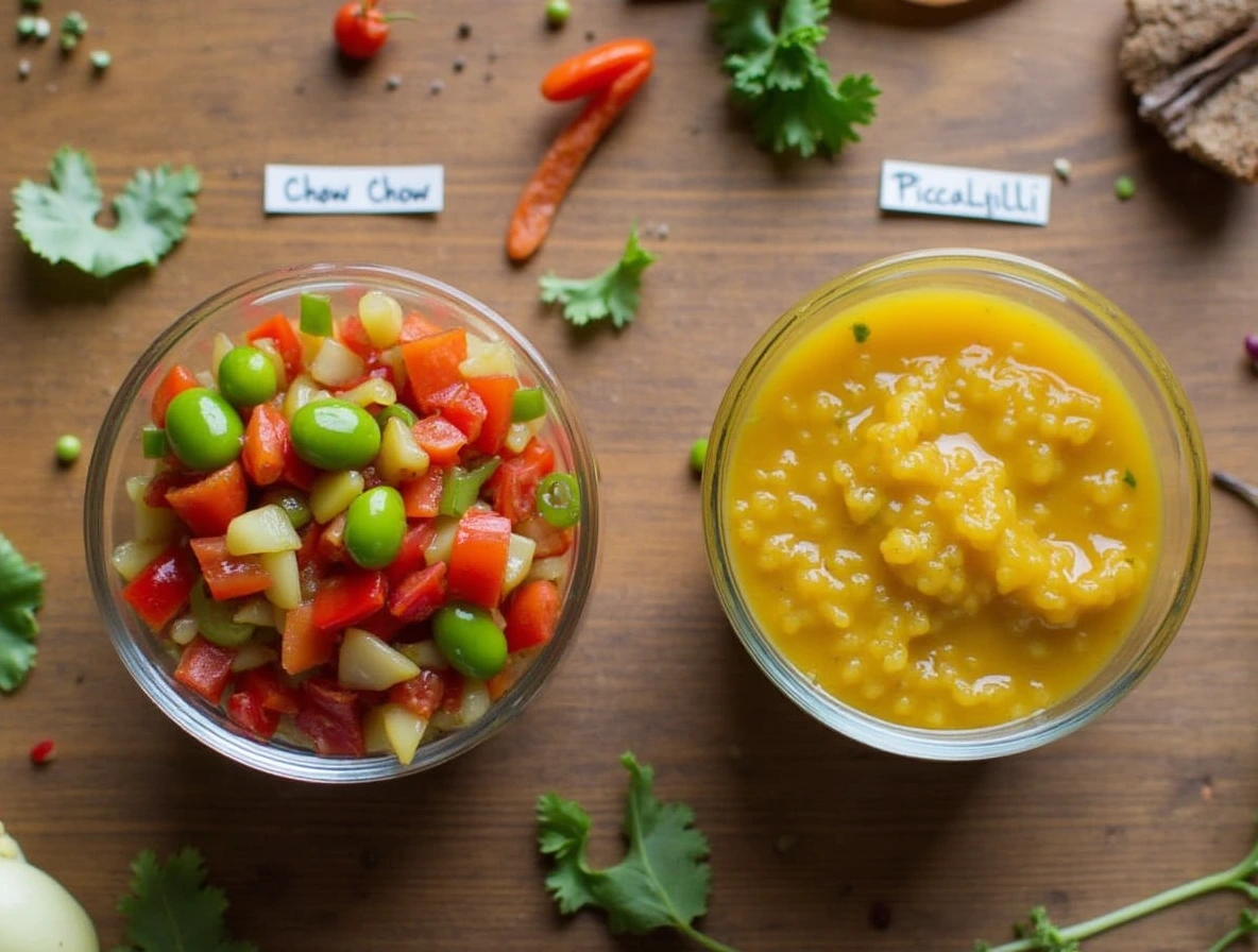 Side-by-side comparison of chow chow recipe and piccalilli, showing differences in texture, color, and ingredients in small glass bowls.