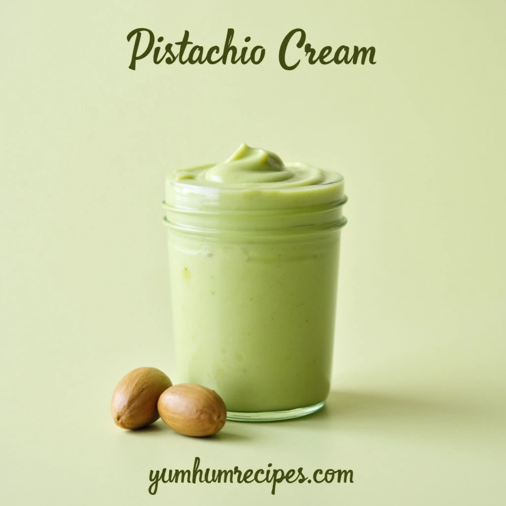 Delicious pistachio cream in a glass jar with a creamy texture and rich green color.