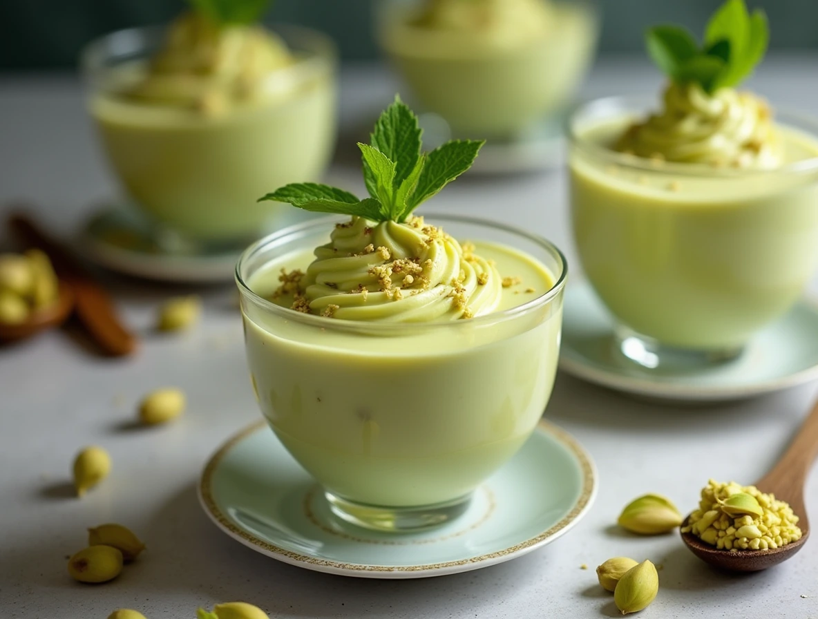 Pistachio Cream Mousse: a delicious dessert served in elegant cups, garnished with crushed pistachios and mint.