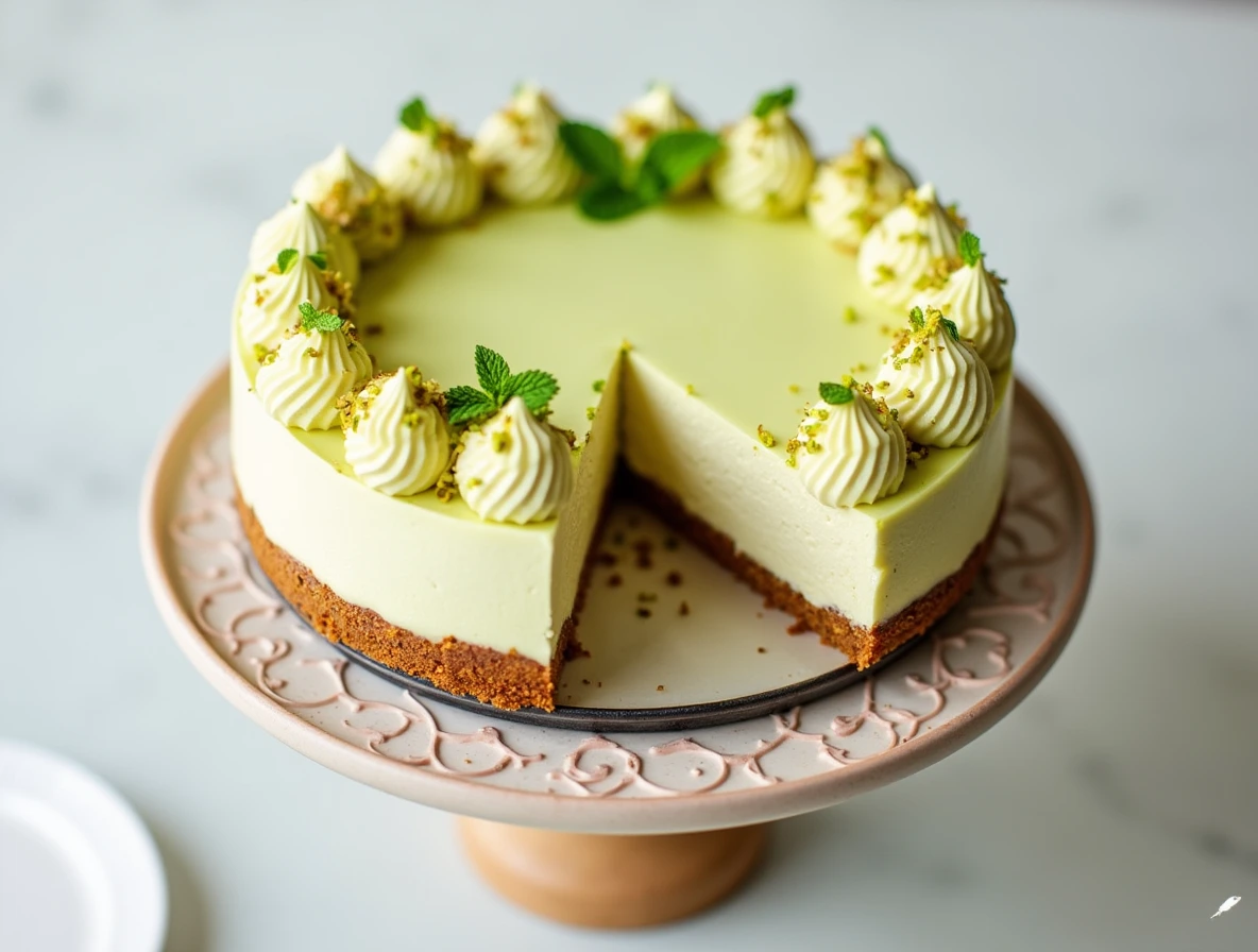 No-Bake Pistachio Cream Cheesecake: a creamy cheesecake topped with pistachio cream and garnished with whole pistachios and mint.