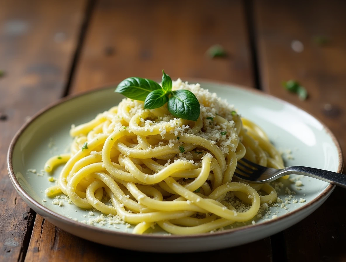 Pistachio Cream Pasta Sauce: pasta coated in a creamy pistachio sauce, garnished with Parmesan cheese and basil.