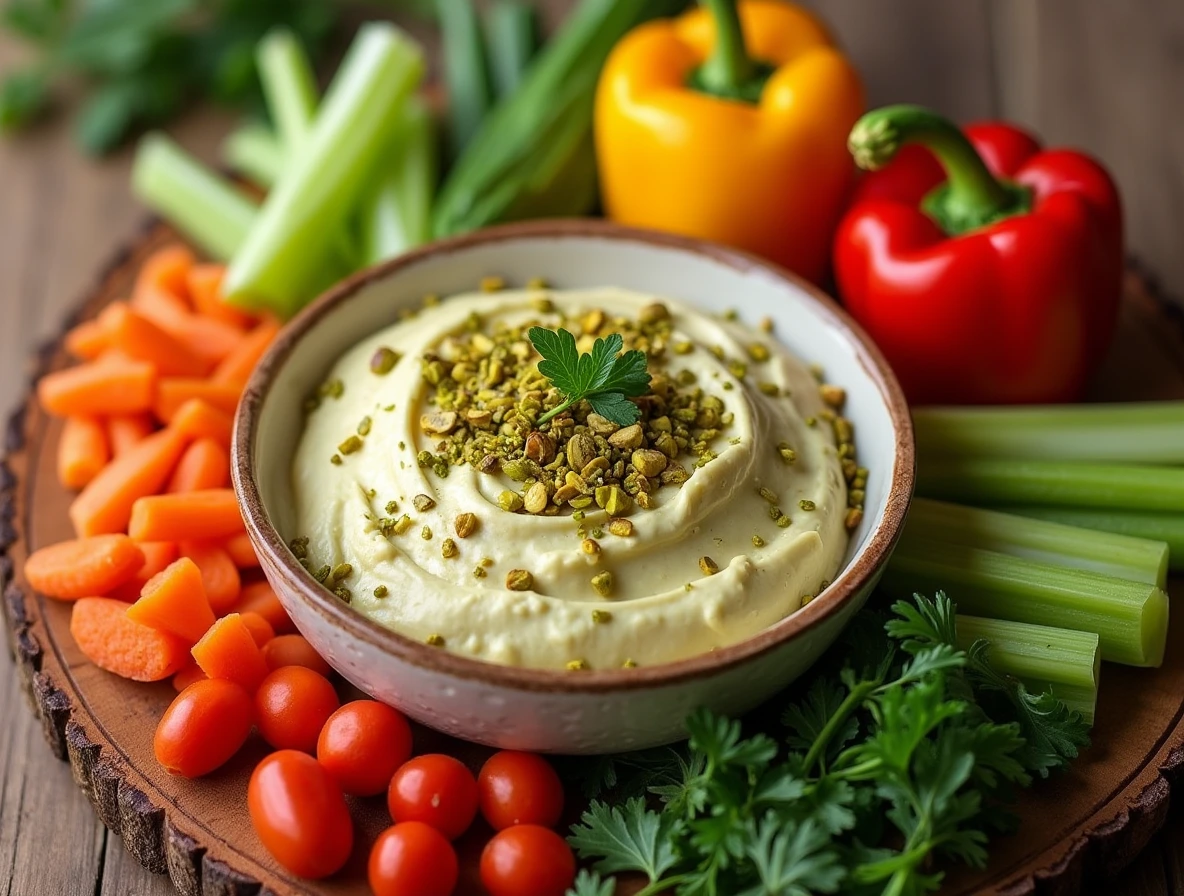 Pistachio Cream Dip for Vegetables: a creamy dip served with fresh vegetables.