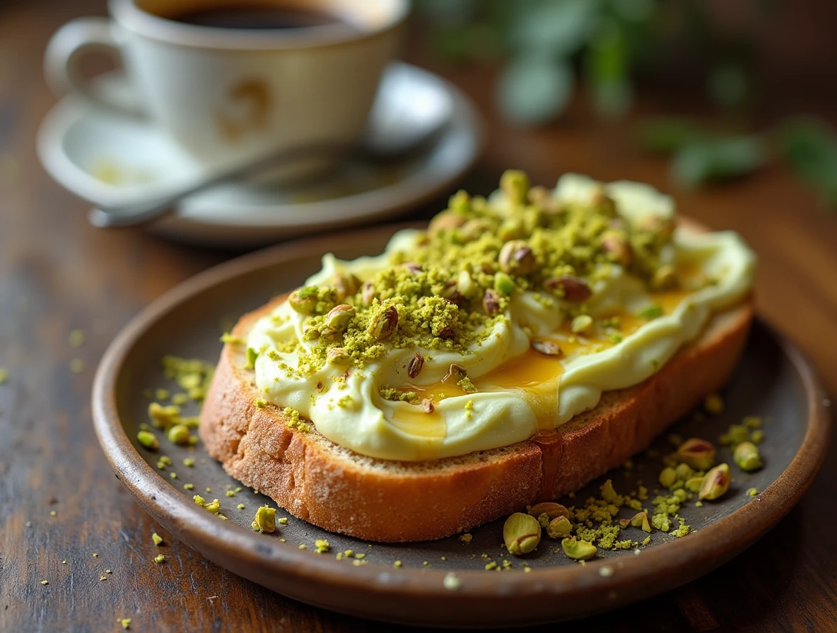 Pistachio Cream Spread for Toast: a slice of toast topped with creamy pistachio spread and garnished with crushed pistachios and honey.