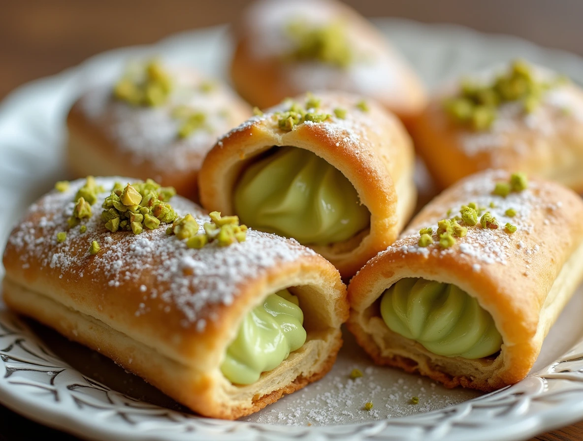 Pistachio Cream Filled Pastries: an assortment of pastries filled with creamy pistachio filling, garnished with powdered sugar and crushed pistachios.