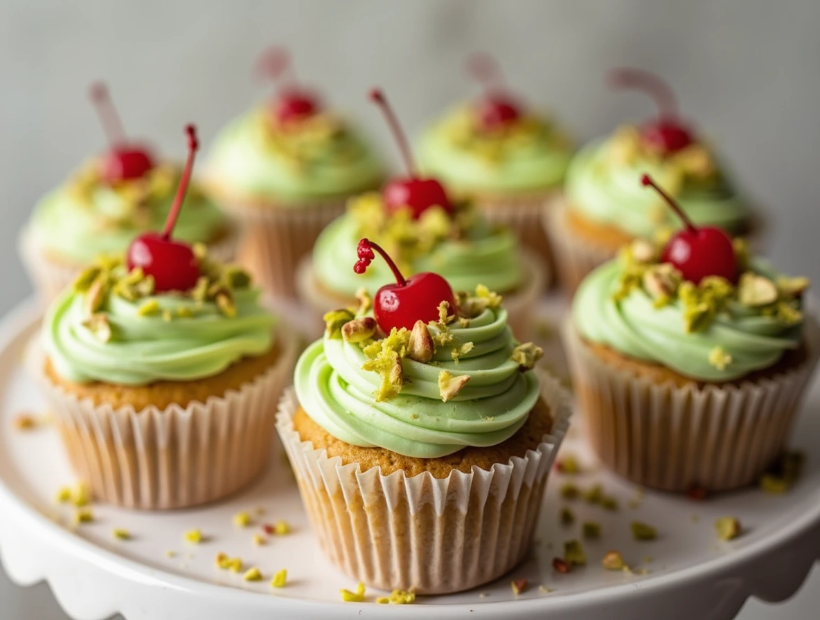 Pistachio Cream Cupcakes: cupcakes topped with pistachio cream frosting and garnished with crushed pistachios and a cherry.