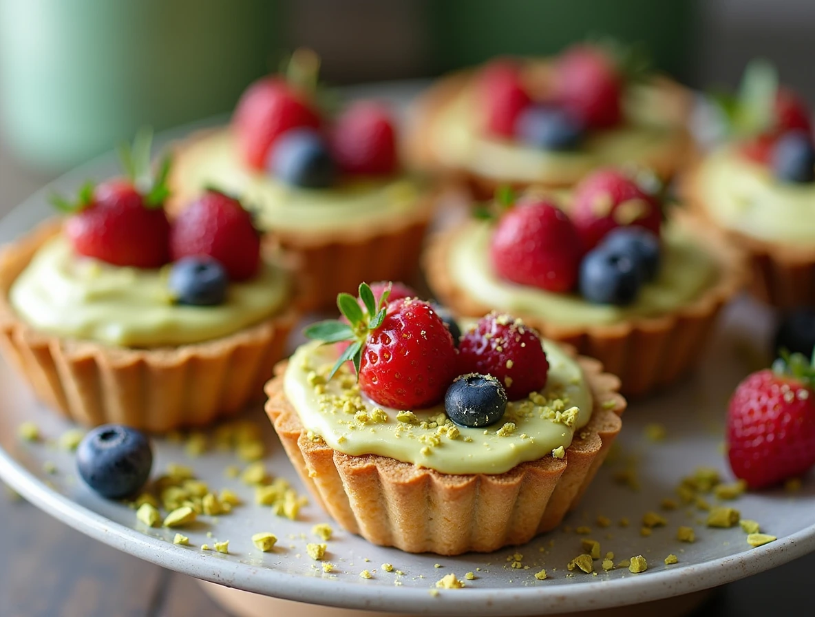 Pistachio Cream Tarts: elegant tarts filled with creamy pistachio filling and topped with fresh berries and crushed pistachios.