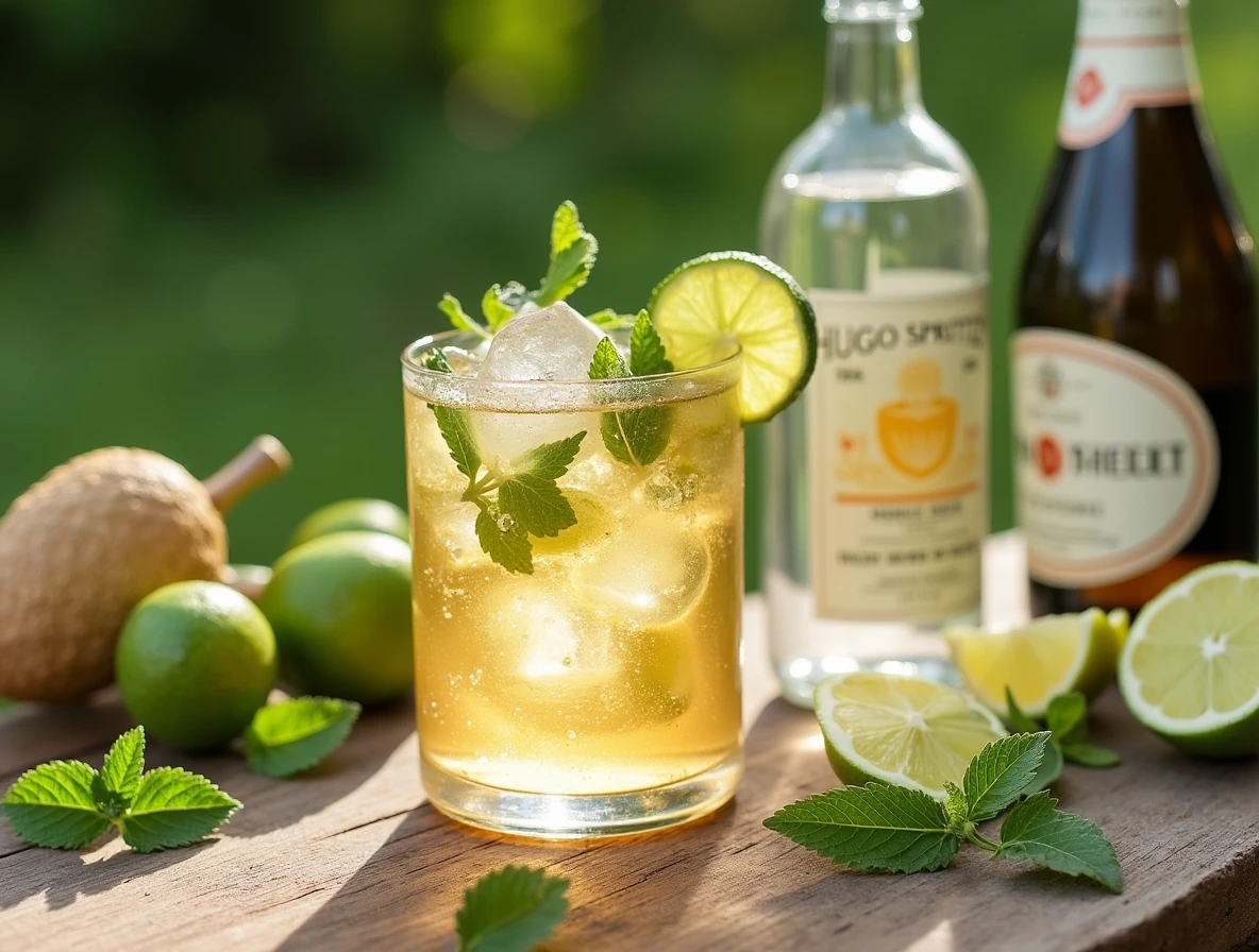 Hugo Spritz cocktail with elderflower syrup, Prosecco, sparkling water, mint leaves, and lime slices on a rustic table. Perfect for a hugo spritz recipe.