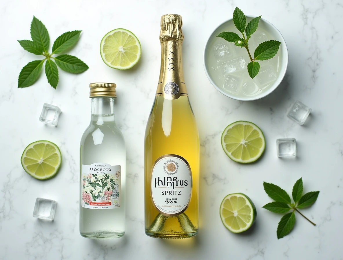 Flat lay of ingredients for the perfect Hugo Spritz recipe, including Prosecco, elderflower syrup, sparkling water, mint leaves, lime slices, and ice cubes.