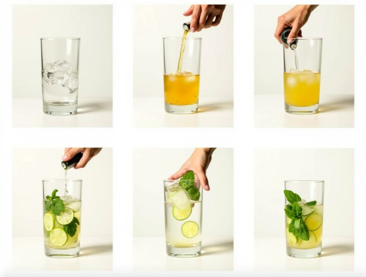 Step-by-step visual guide to making a Hugo Spritz recipe, showing ice, Prosecco, elderflower syrup, sparkling water, mint, and lime being added.