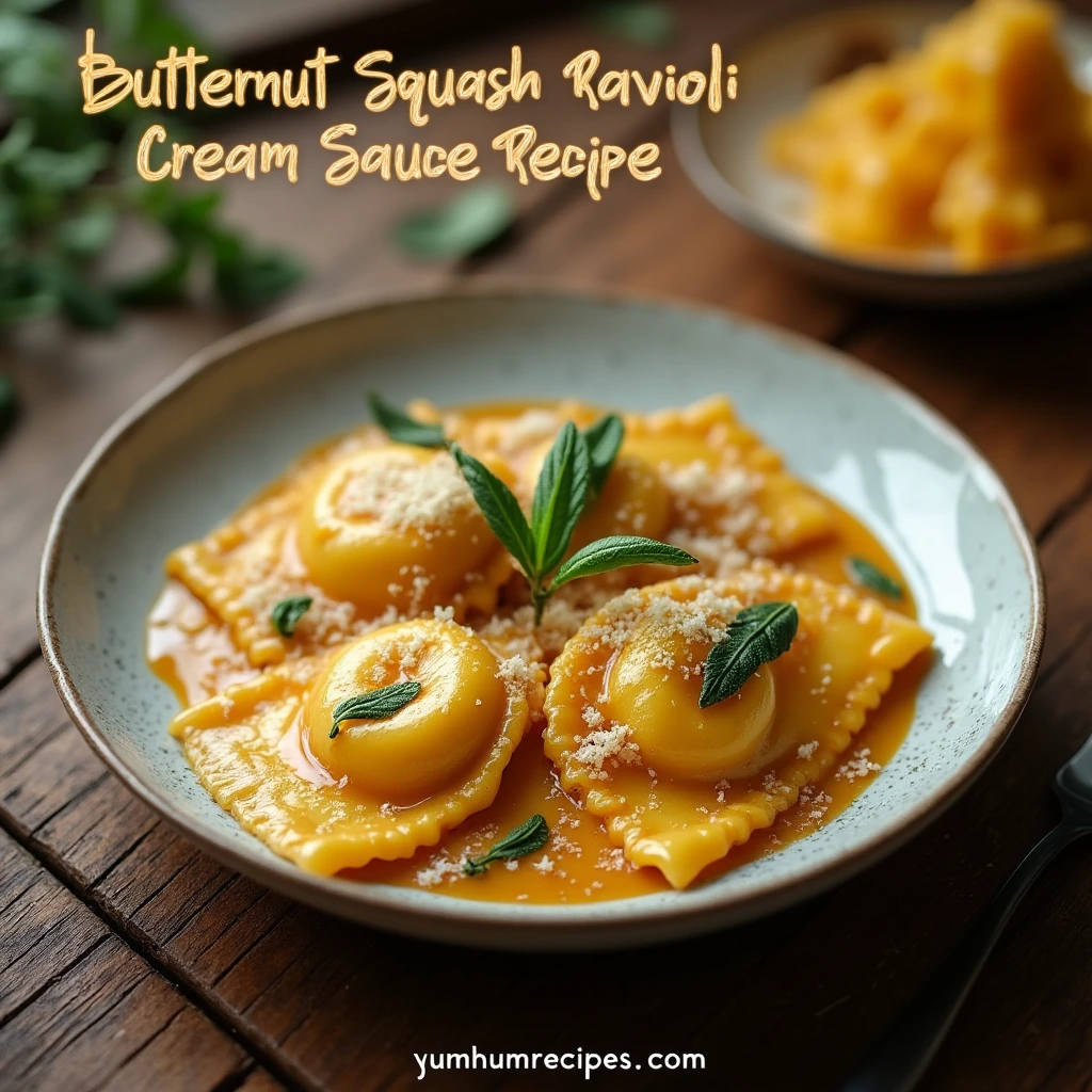 Butternut squash ravioli sauce served on a plate with creamy sauce, fresh sage, and grated cheese.