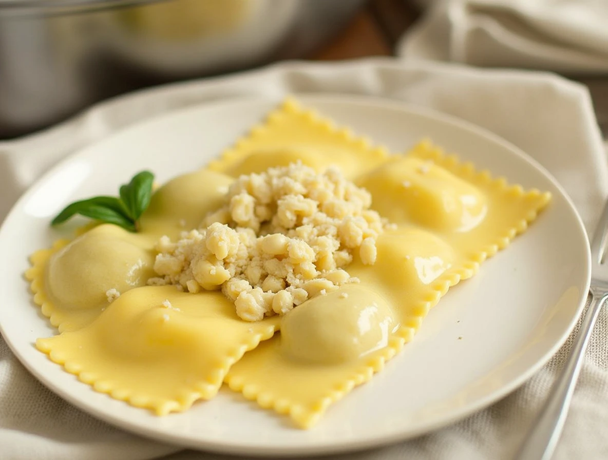 Creamy Parmesan butternut squash ravioli sauce topped with grated cheese and fresh parsley.