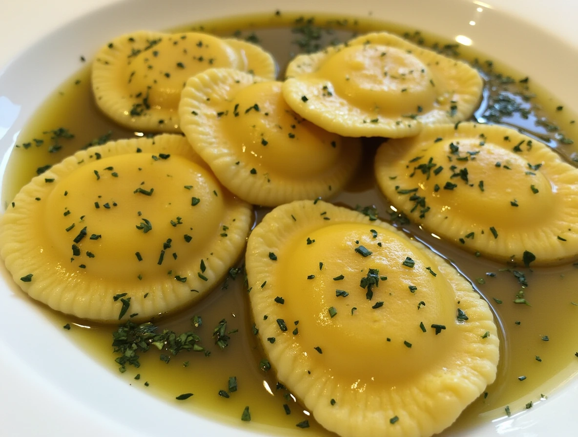 Butternut squash ravioli sauce with a light olive oil base, garnished with fresh parsley.