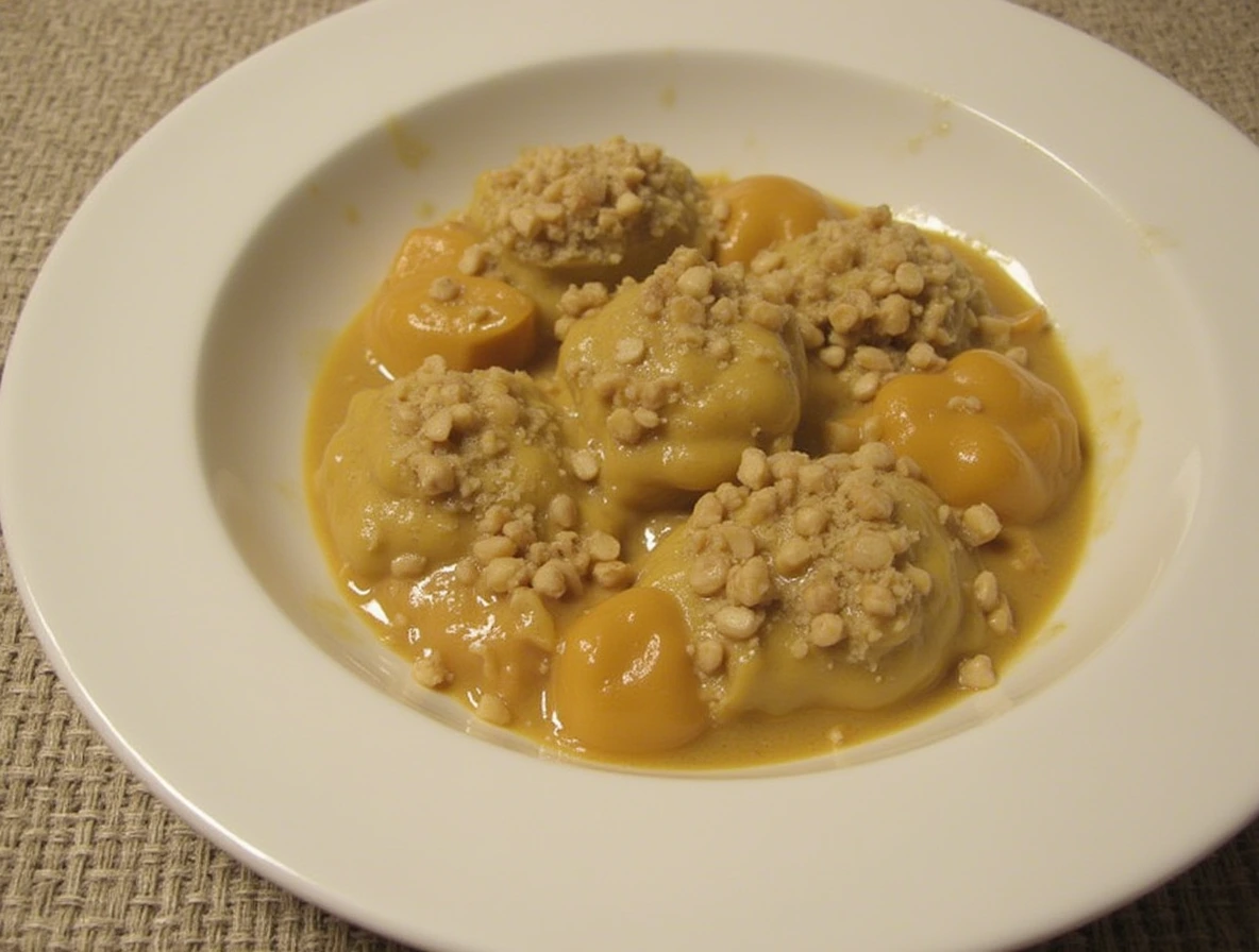 Butternut squash ravioli sauce with a creamy base, topped with crushed nuts in a white bowl.