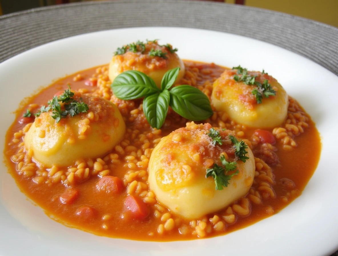 Butternut squash ravioli sauce with a vibrant tomato base, garnished with fresh basil and parsley.