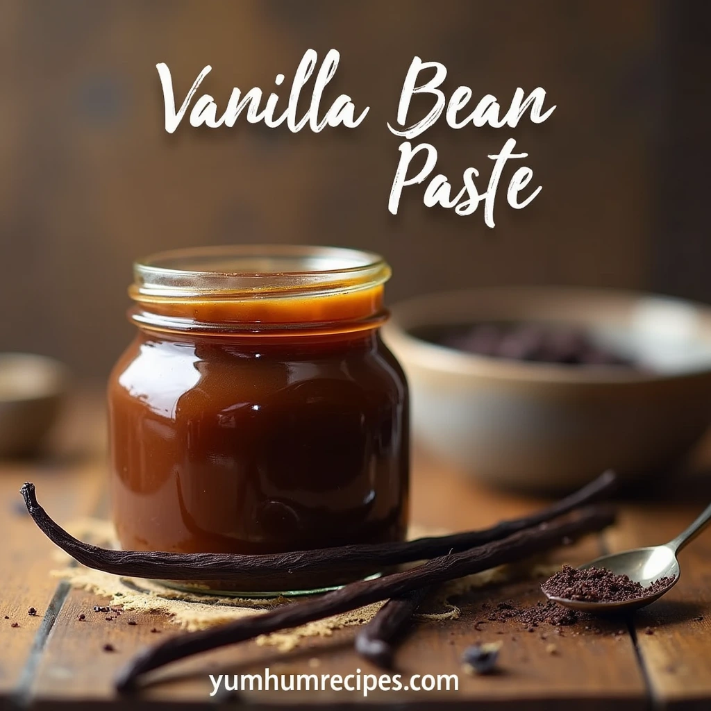 Jar of vanilla bean paste with whole vanilla beans and a spoon on a wooden kitchen countertop.