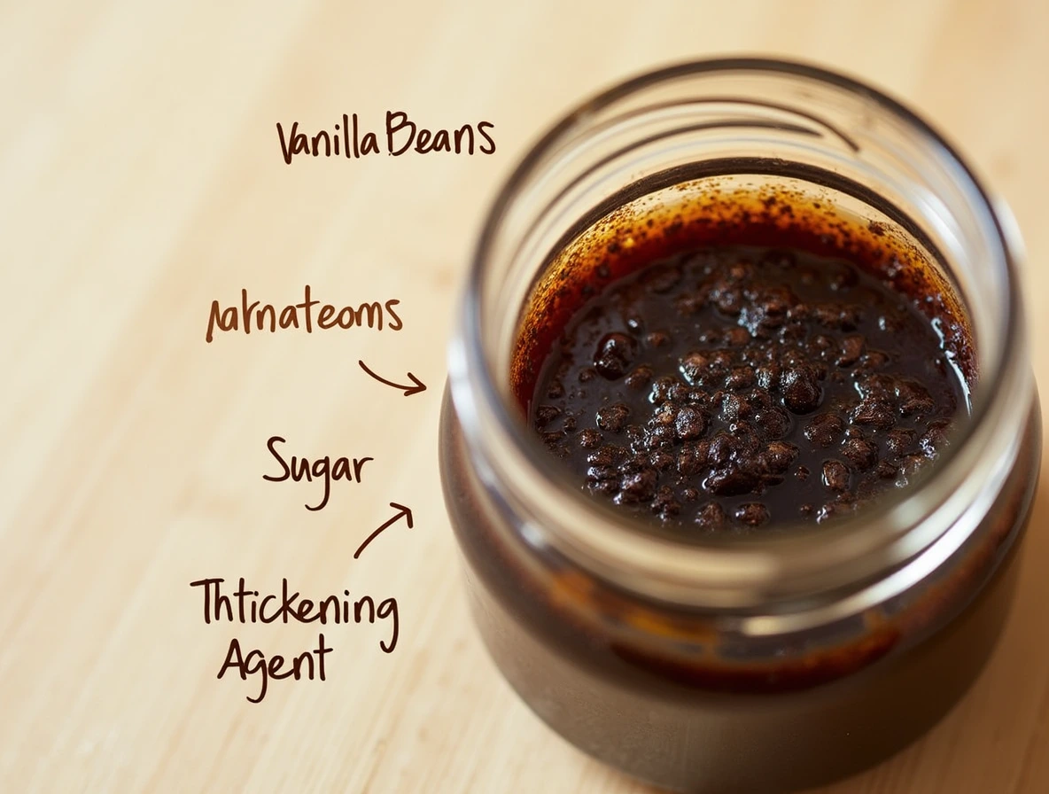 A close-up view of vanilla bean paste in a glass jar, showcasing its rich, dark color and specks of vanilla seeds.