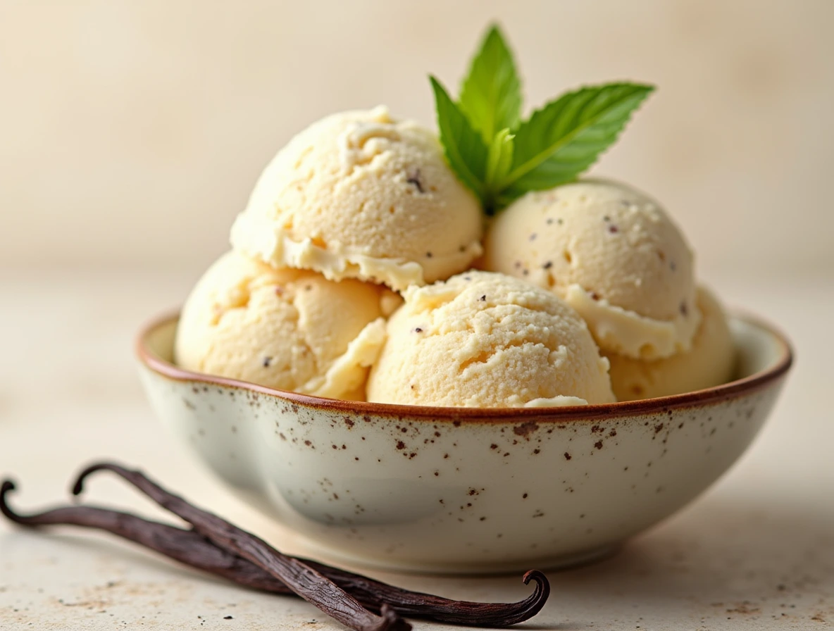 A scoop of creamy vanilla bean ice cream made with vanilla bean paste in a decorative bowl, garnished with fresh mint and vanilla beans, showcasing the rich texture and specks of vanilla.