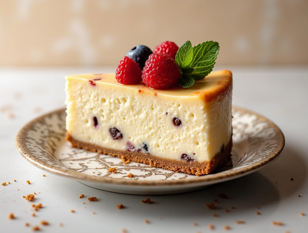 A slice of creamy vanilla bean cheesecake made with vanilla bean paste on a decorative plate, garnished with fresh berries and mint, showcasing the rich texture and specks of vanilla.