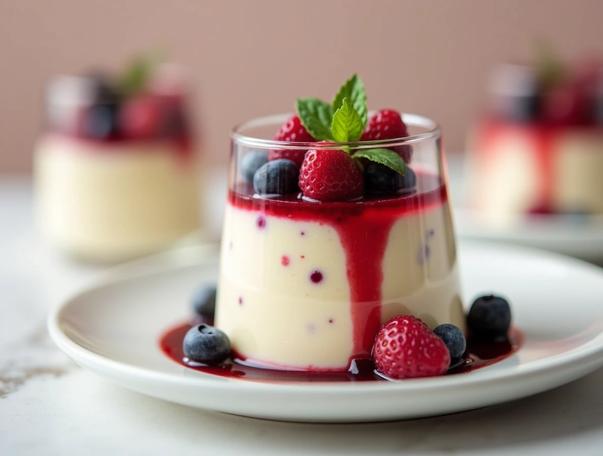 A serving of creamy vanilla bean panna cotta made with vanilla bean paste in a clear glass dessert cup, garnished with berry sauce, fresh berries, and mint, showcasing the rich texture and specks of vanilla.