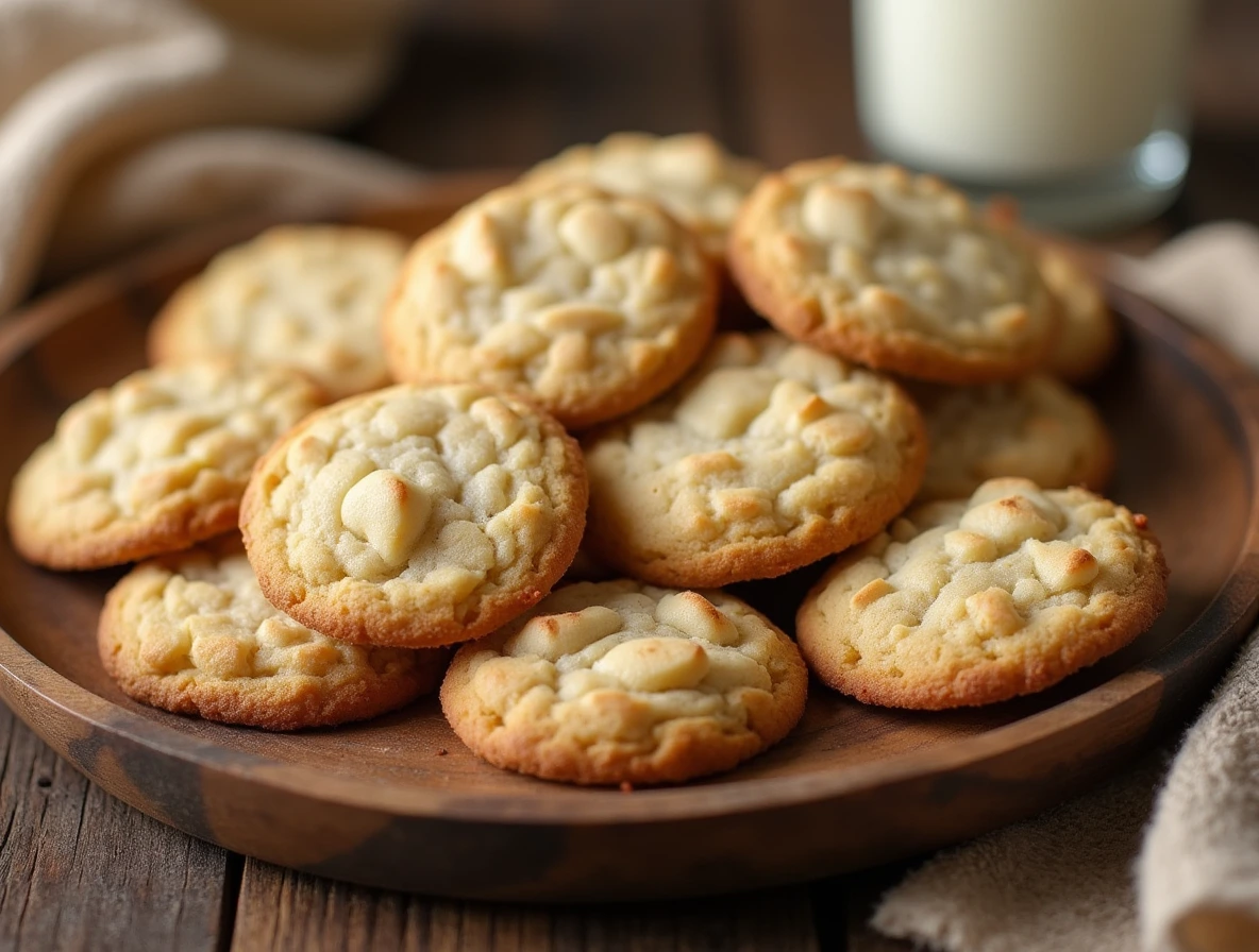 A plate of freshly baked vanilla bean cookies made with vanilla bean paste, showcasing their golden brown color and specks of vanilla, with a glass of milk beside them.