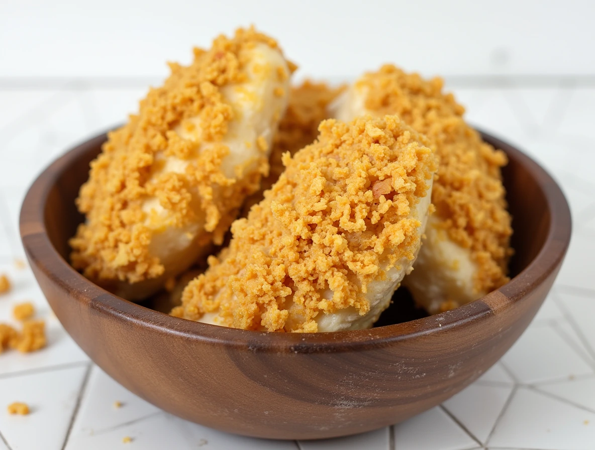 Three pieces of fried chicken ice cream, coated in a crispy layer, served in a wooden bowl with crumbs scattered around.