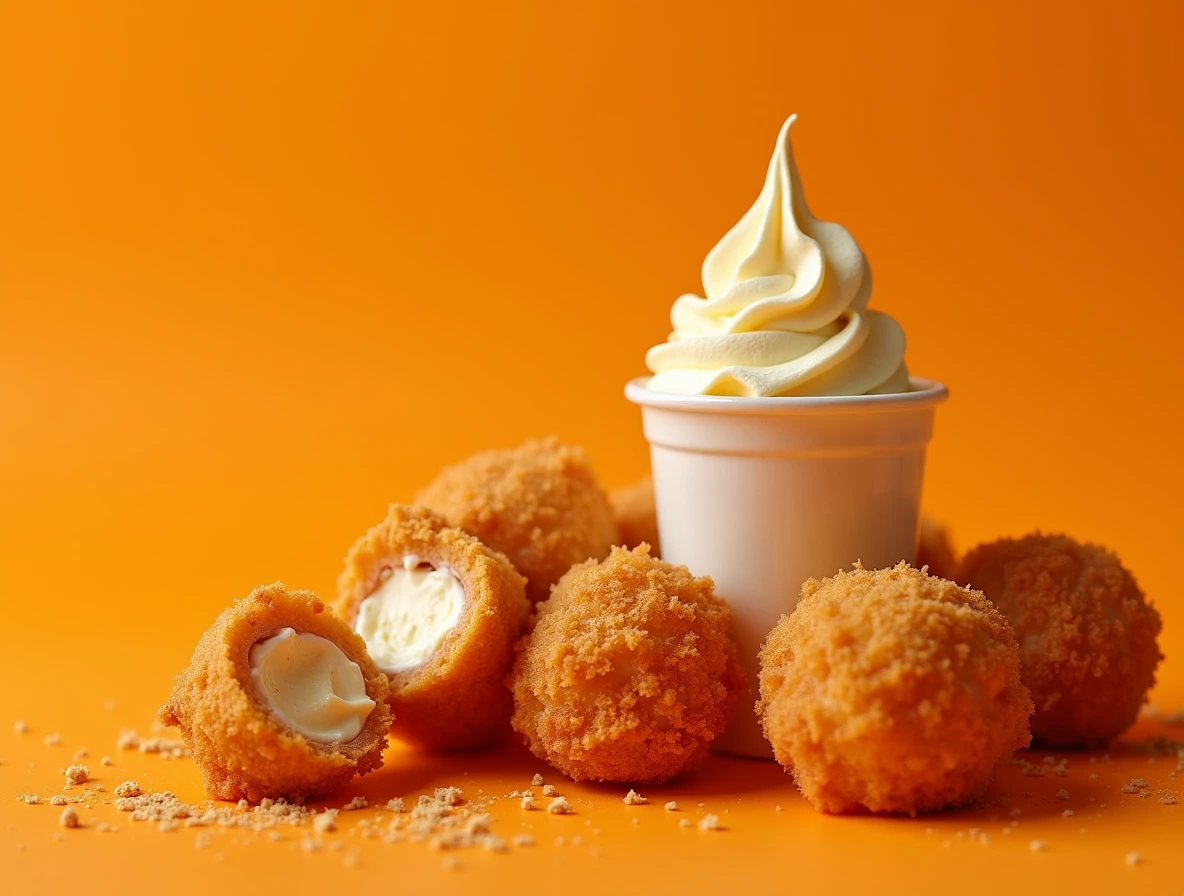 A close-up of a soft-serve ice cream in a white cup surrounded by golden, crispy fried balls filled with cream, set against a vibrant orange background, evoking the concept of fried chicken ice cream.