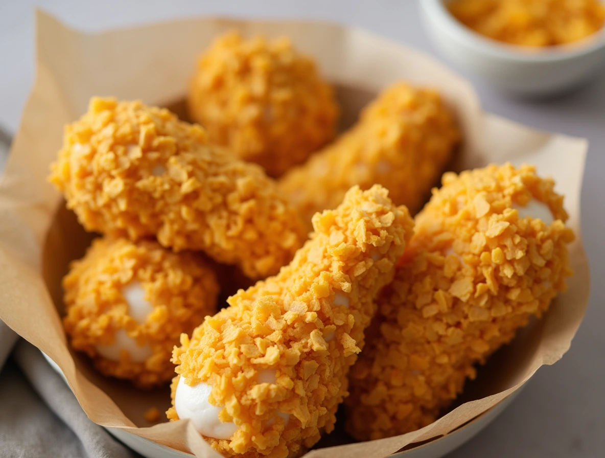 A bowl filled with crispy, golden fried chicken ice cream, featuring a crunchy cornflake coating, set on a light background.