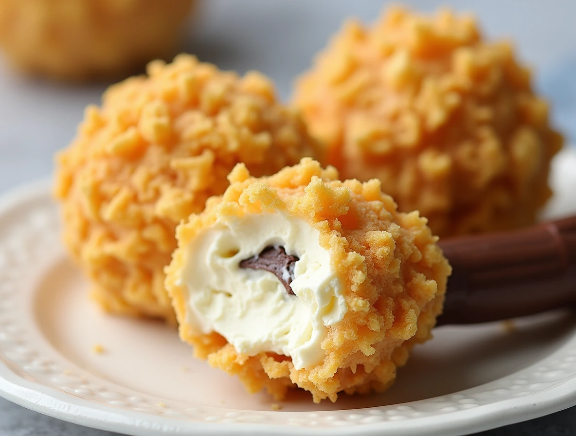 A close-up of a fried chicken ice cream ball, revealing a creamy filling with chocolate, surrounded by two whole fried chicken ice cream balls on a plate.