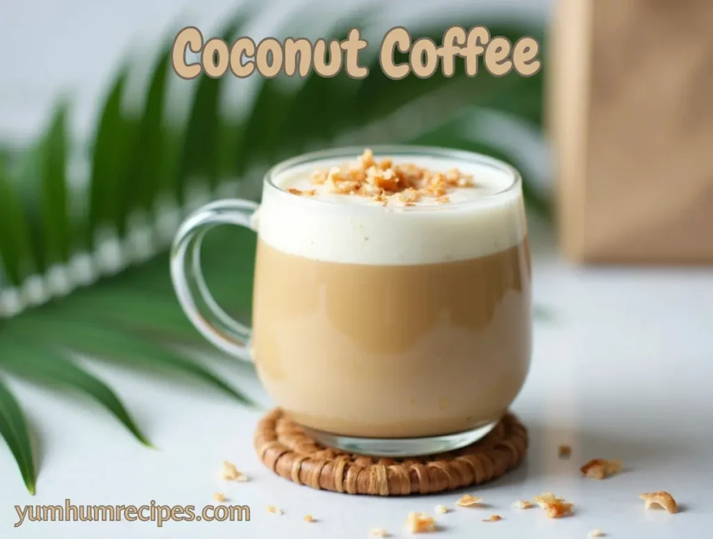 A delicious cup of coconut coffee topped with coconut flakes, surrounded by tropical palm leaves.