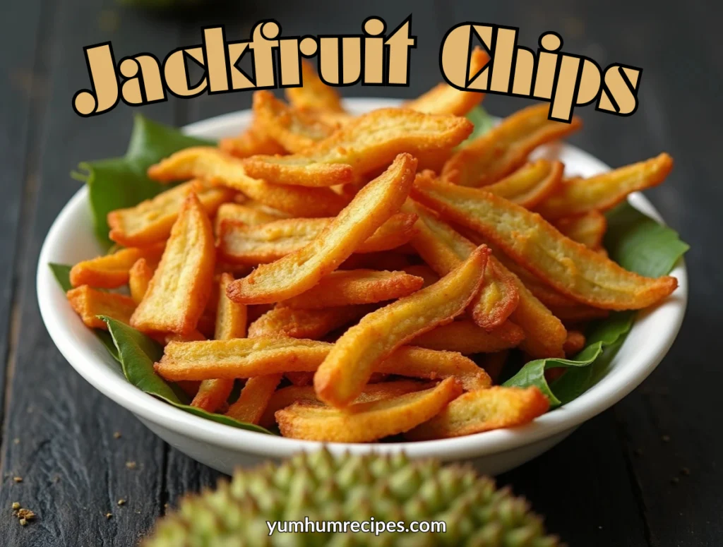 A bowl of crispy jackfruit chips with fresh jackfruit slices and green leaves.