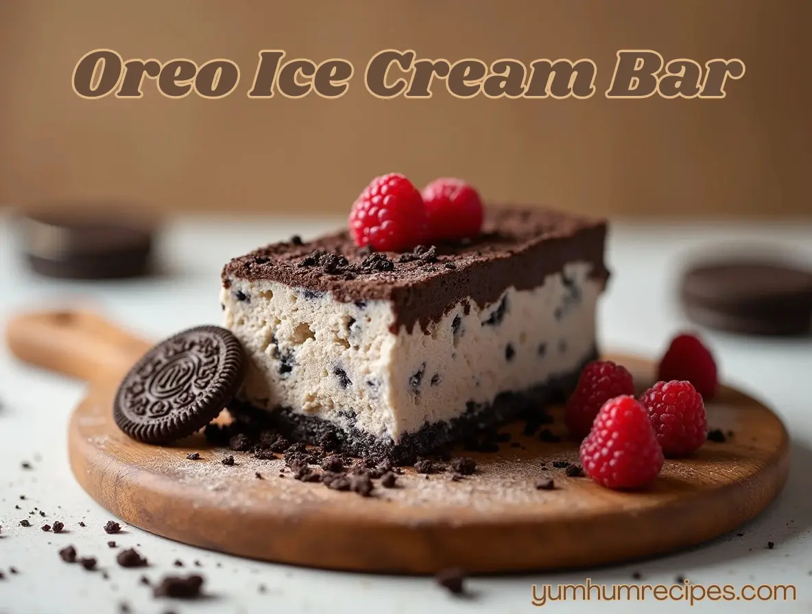 Close-up of an Oreo Ice Cream Bar with chocolate coating and Oreo cookie pieces, placed on a colorful picnic blanket.