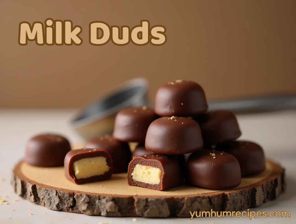 A beautifully styled Milk Duds candy display with a rustic wooden board, decorative rocks, and a vintage metal scoop.