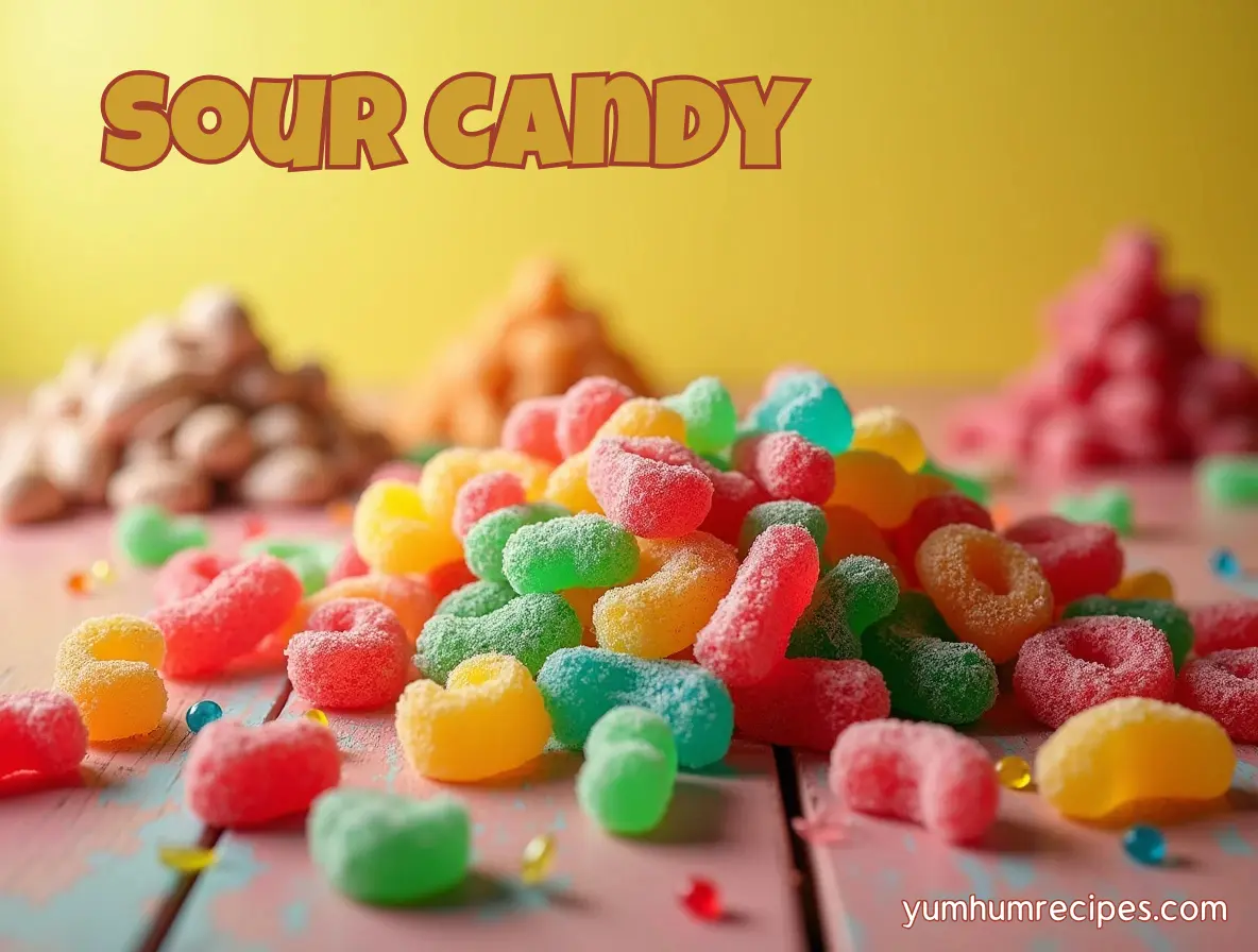 A colorful assortment of sour candy including gummy worms, sour belts, and sour patch kids.